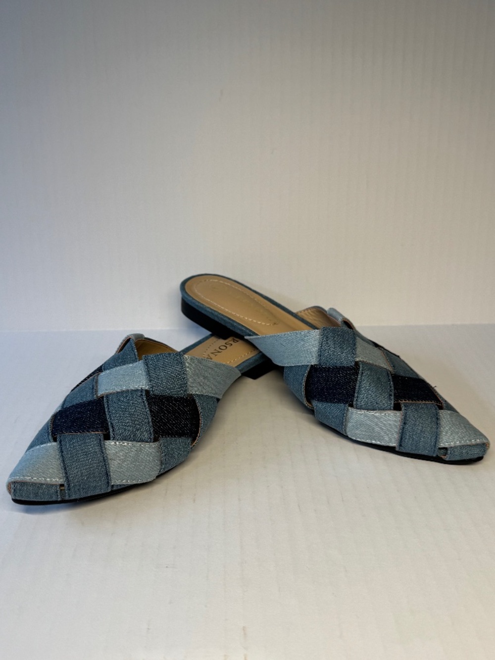 Woven Denim Mule Slides | Pointed Toe Flats | Size 6 | Blue Patchwork